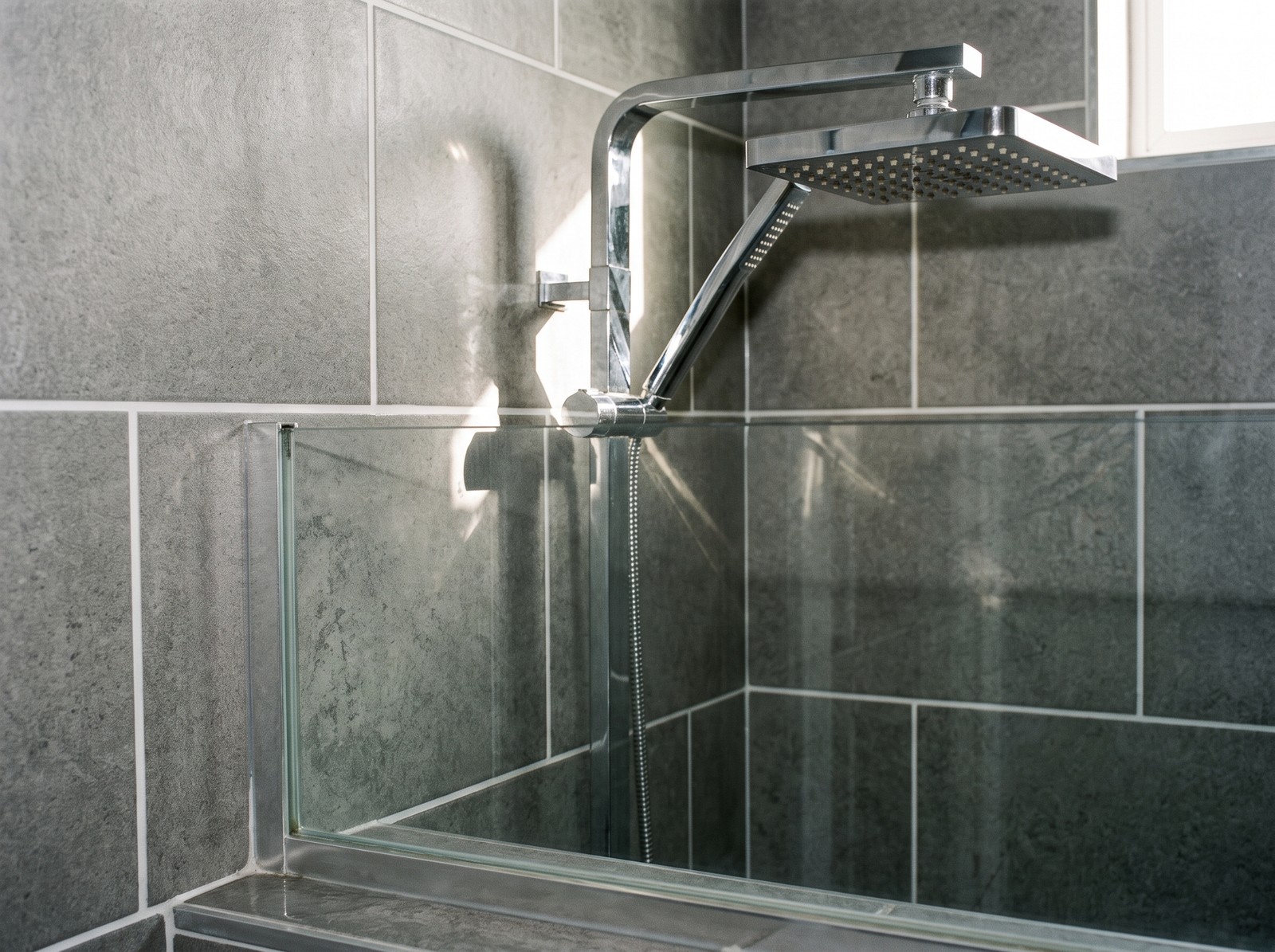 Design-reference glass shower enclosure and bathroom tiles — after