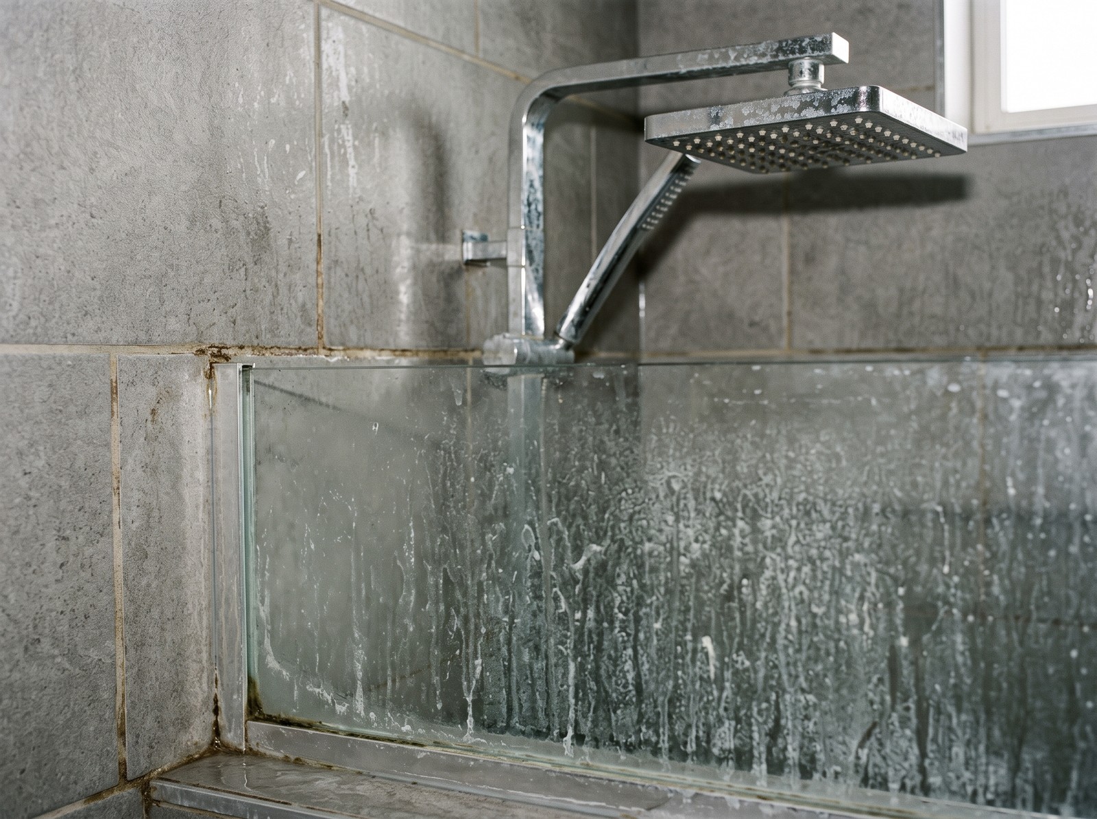 Design-reference glass shower enclosure and bathroom tiles — before