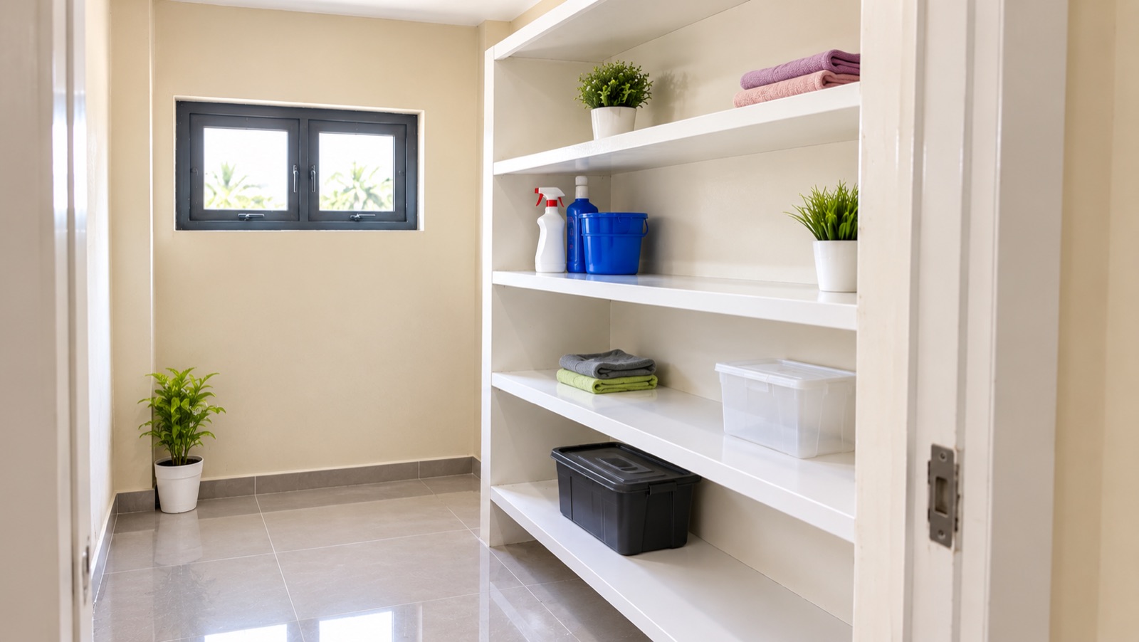 Storage room with built-in white shelving and a tiled floor — after