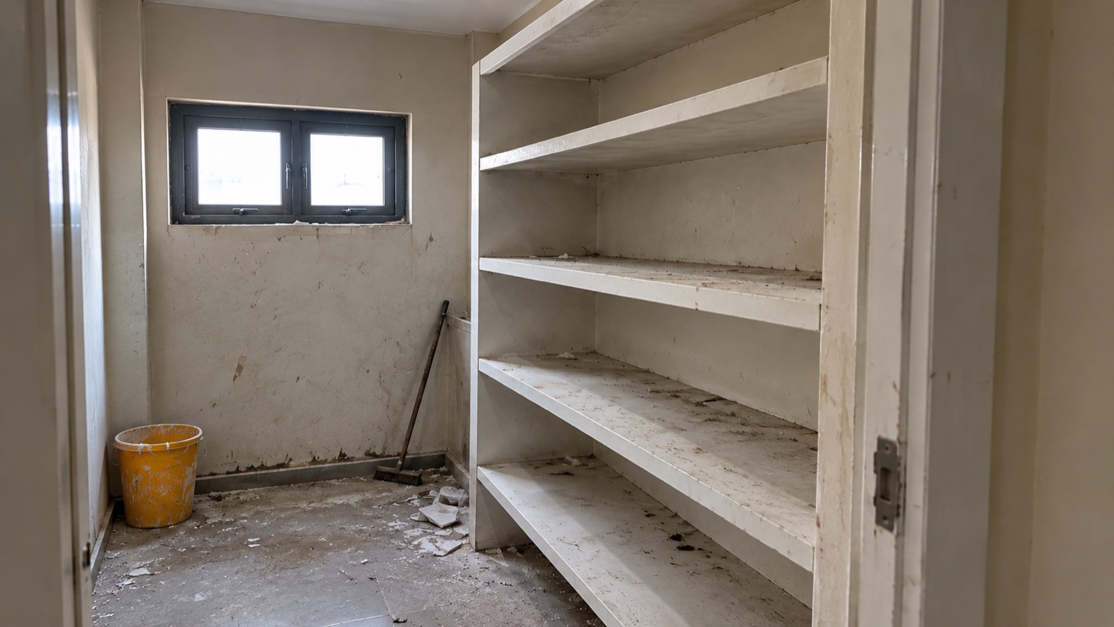 Storage room with built-in white shelving and a tiled floor — before