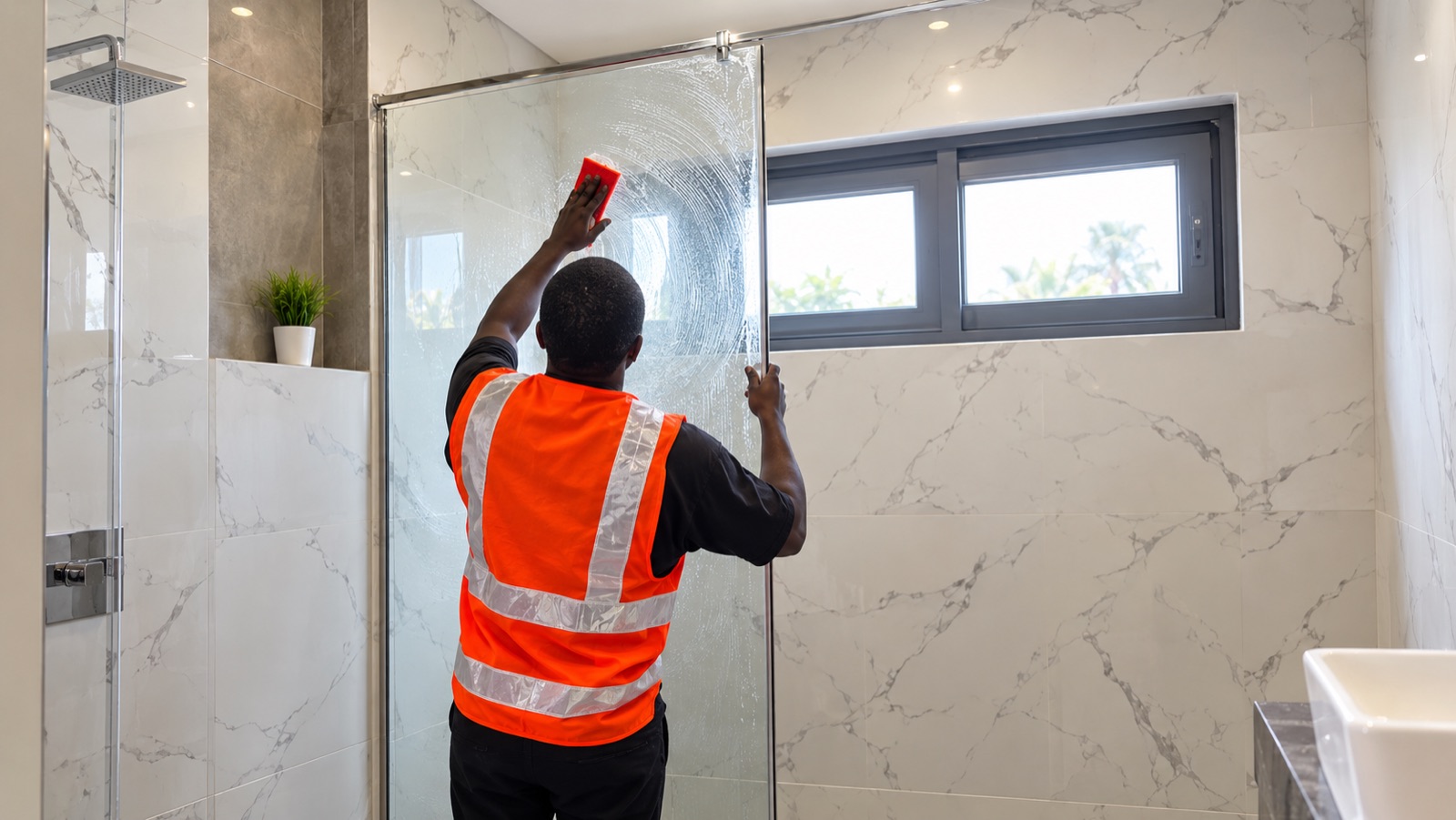 A TidyHut cleaner scrubbing a shower glass panel