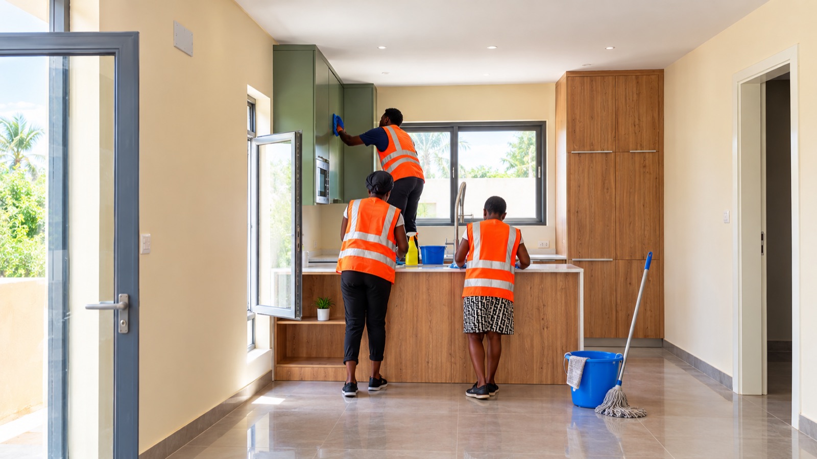 The TidyHut crew cleaning kitchen cabinets, counters and surfaces onsite