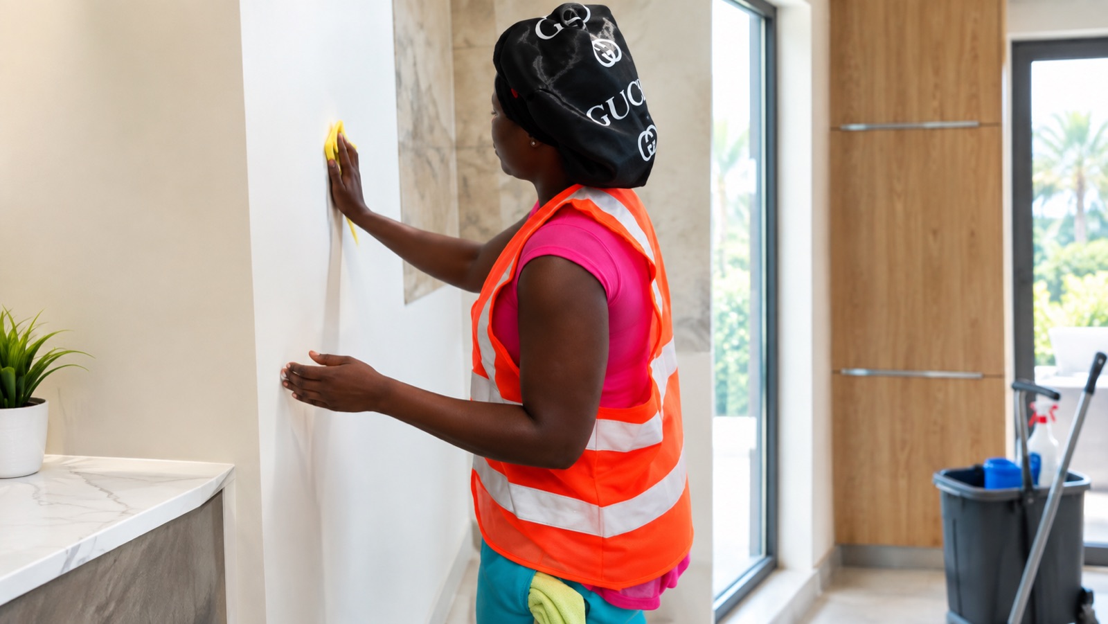 A TidyHut cleaner carefully wiping an interior wall with a cloth