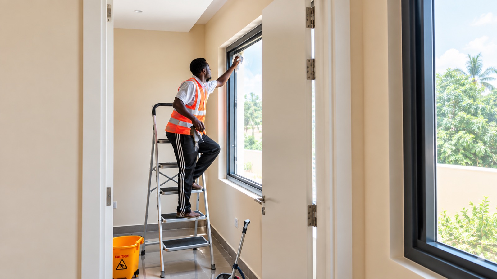 A TidyHut team member wiping a window from a step ladder