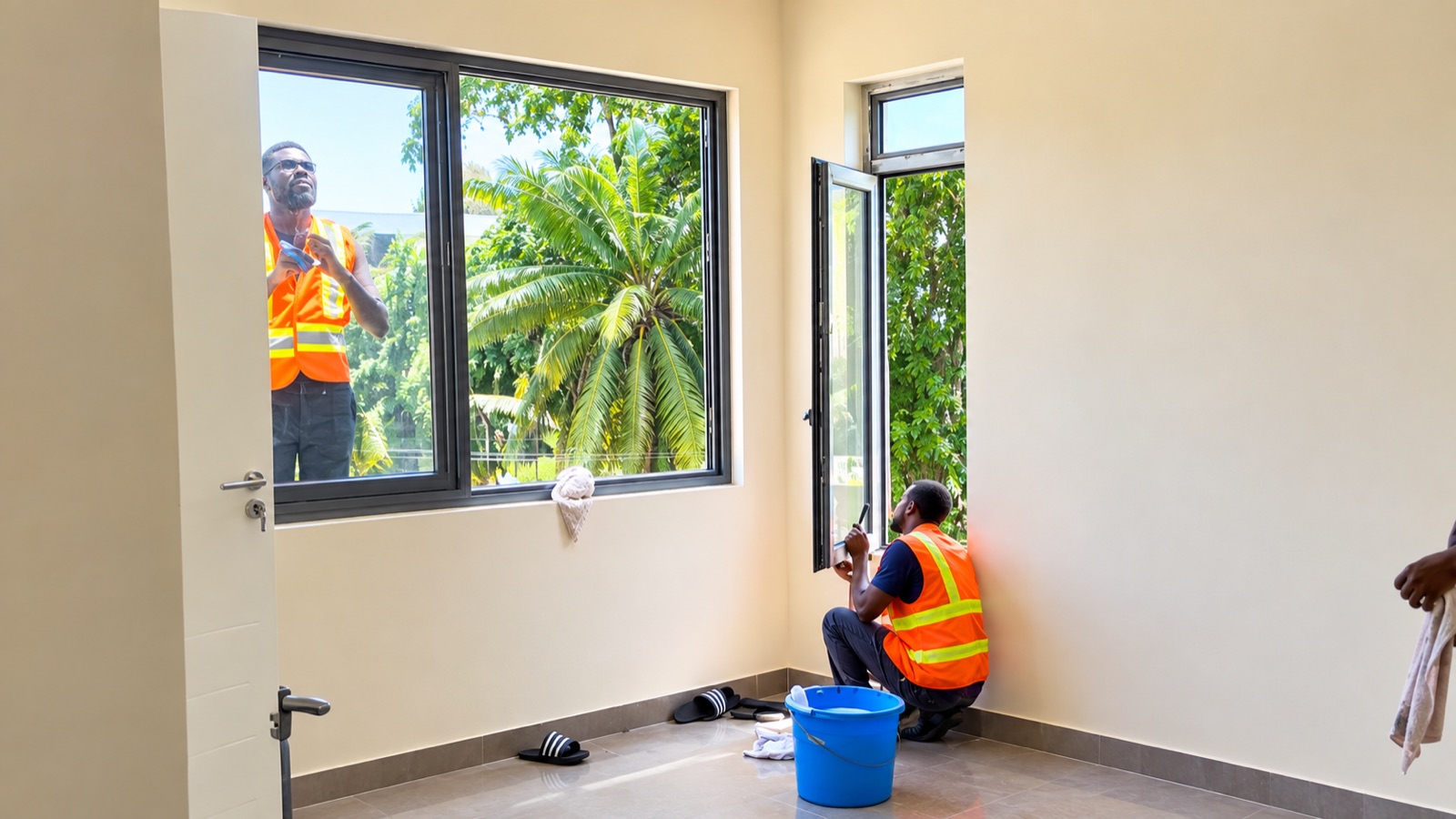 TidyHut team members working together to clean interior and exterior window details
